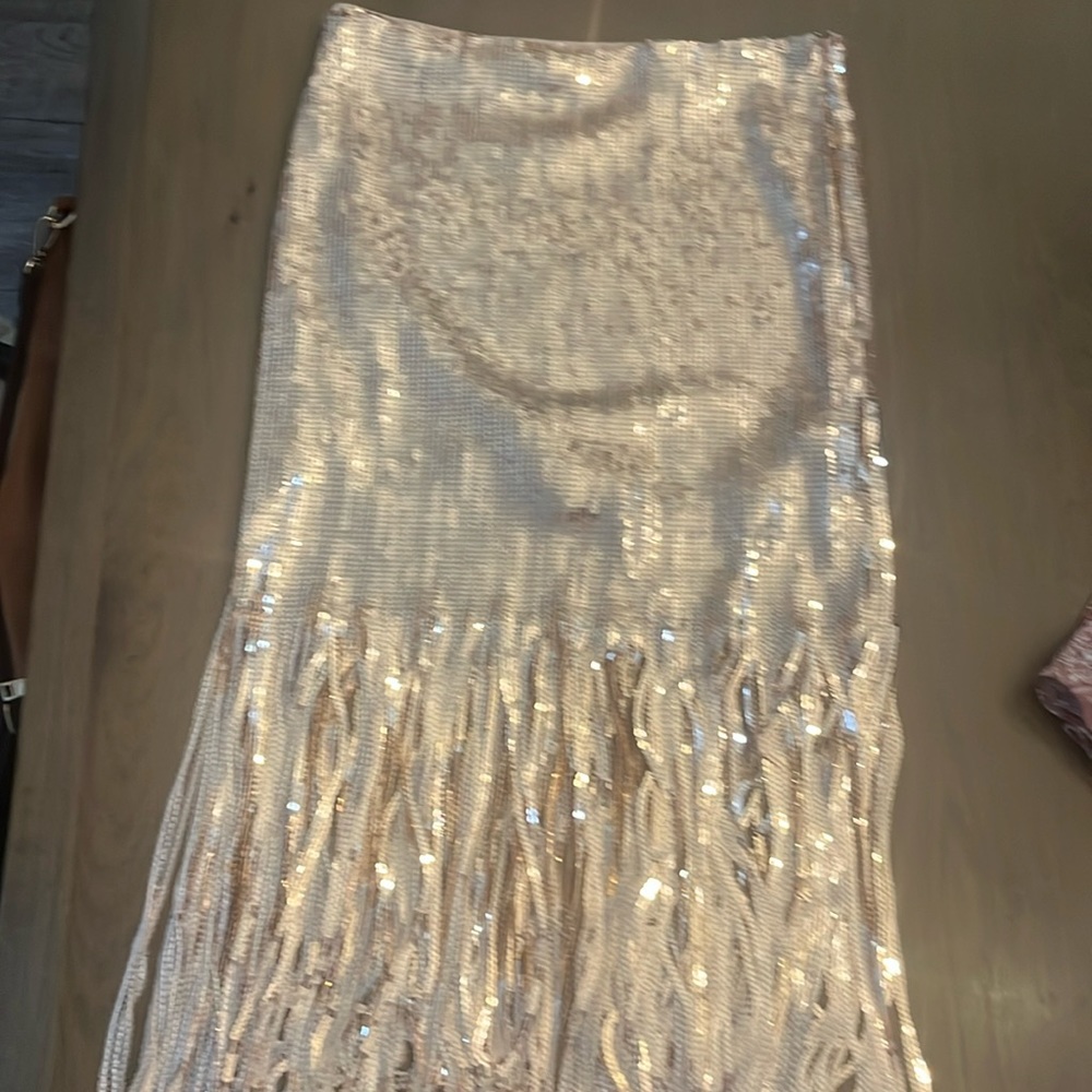 Sequin rose gold fringe skirt